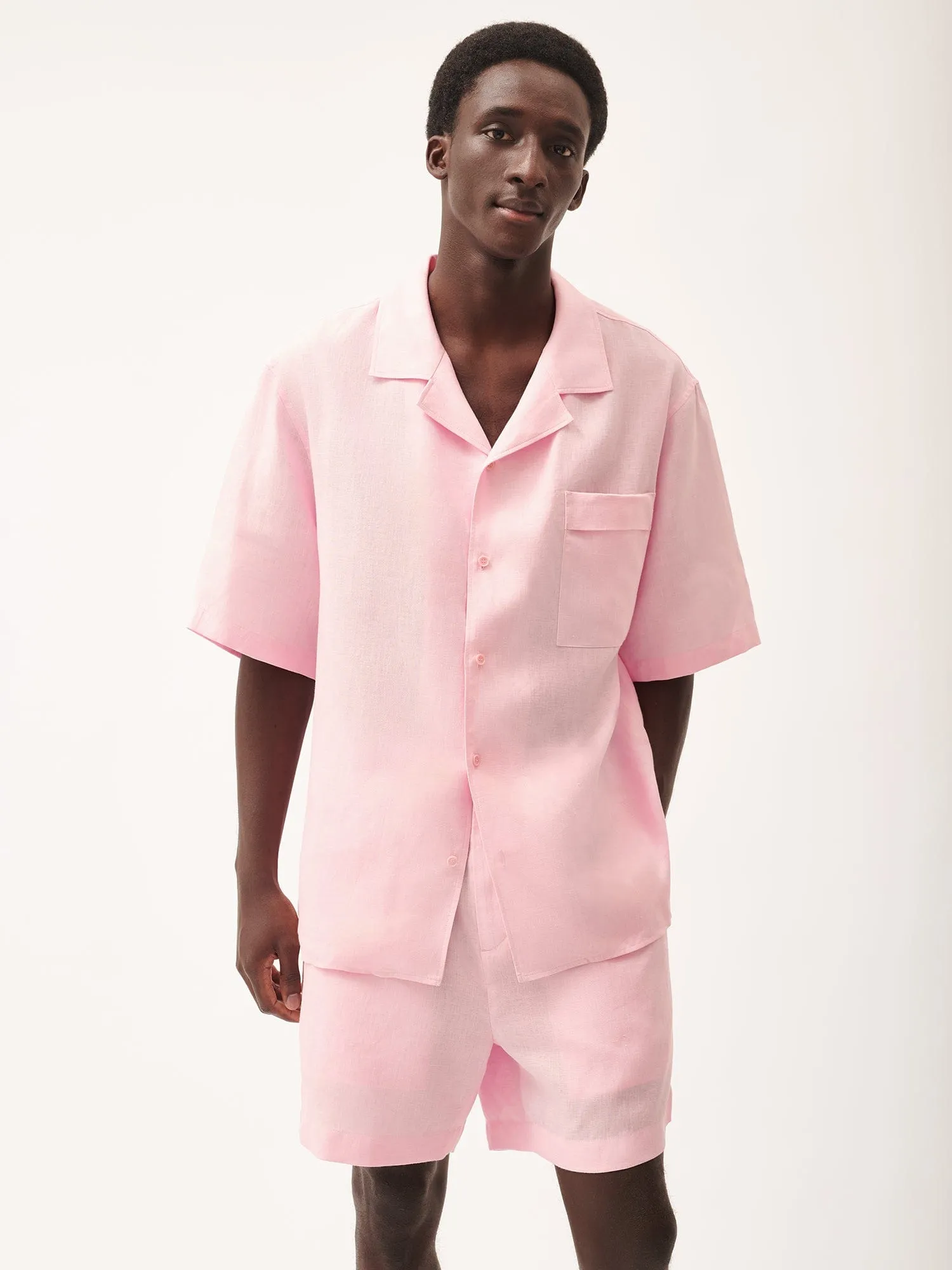 Mens DNA Aloe Linen Camp Collar Shirt—magnolia pink
