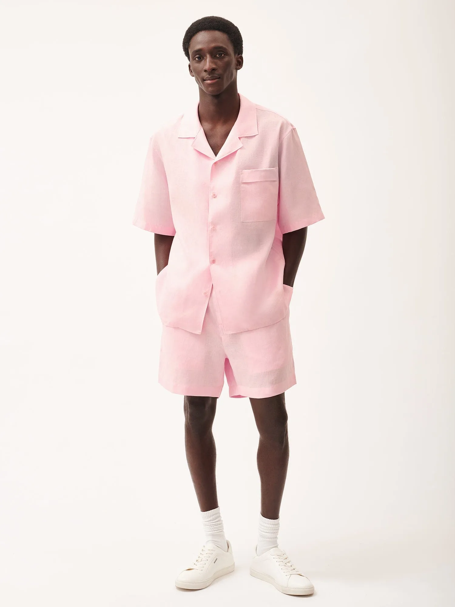 Mens DNA Aloe Linen Camp Collar Shirt—magnolia pink