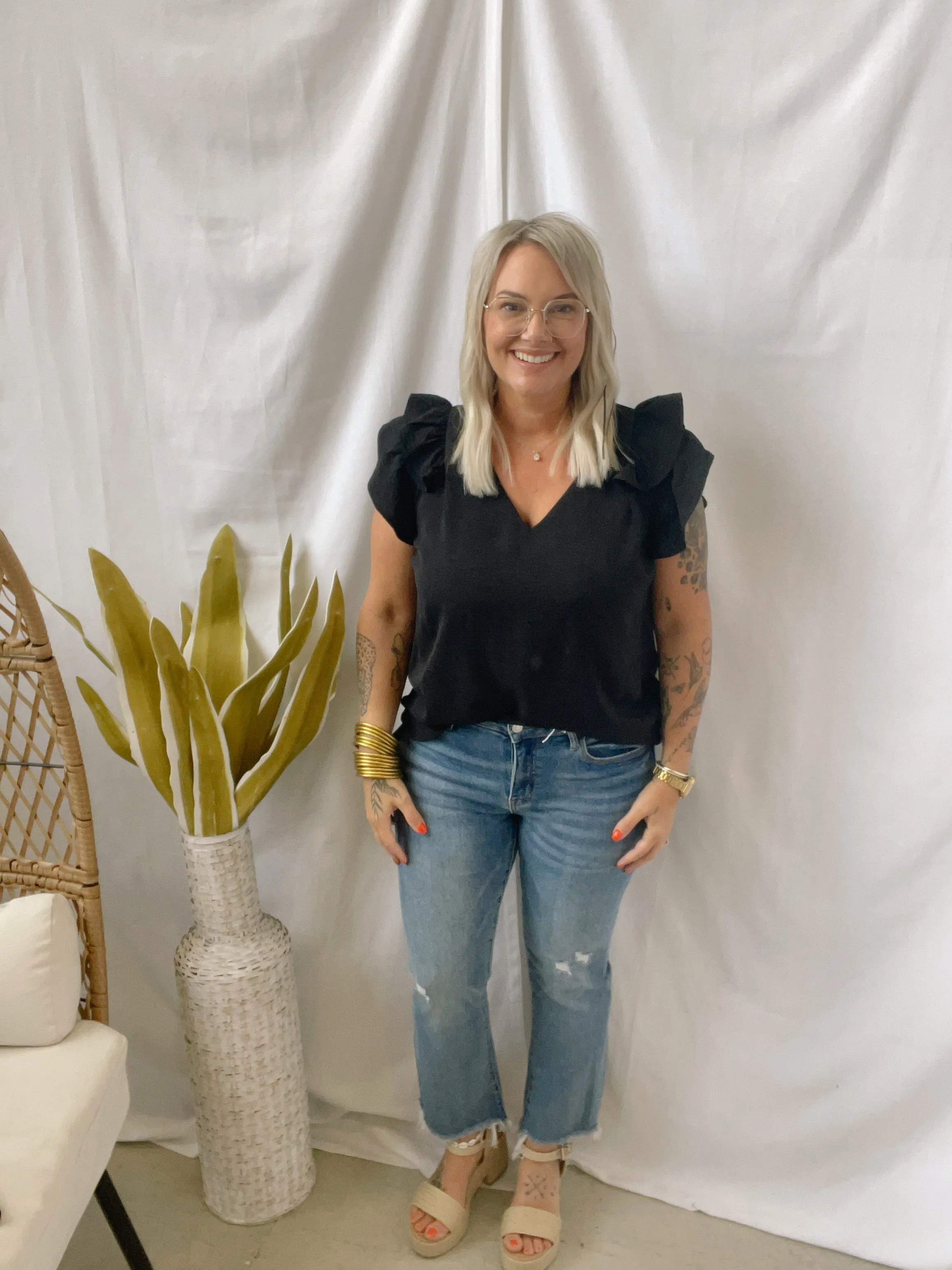The Great Ruffle Sleeve Top-Black