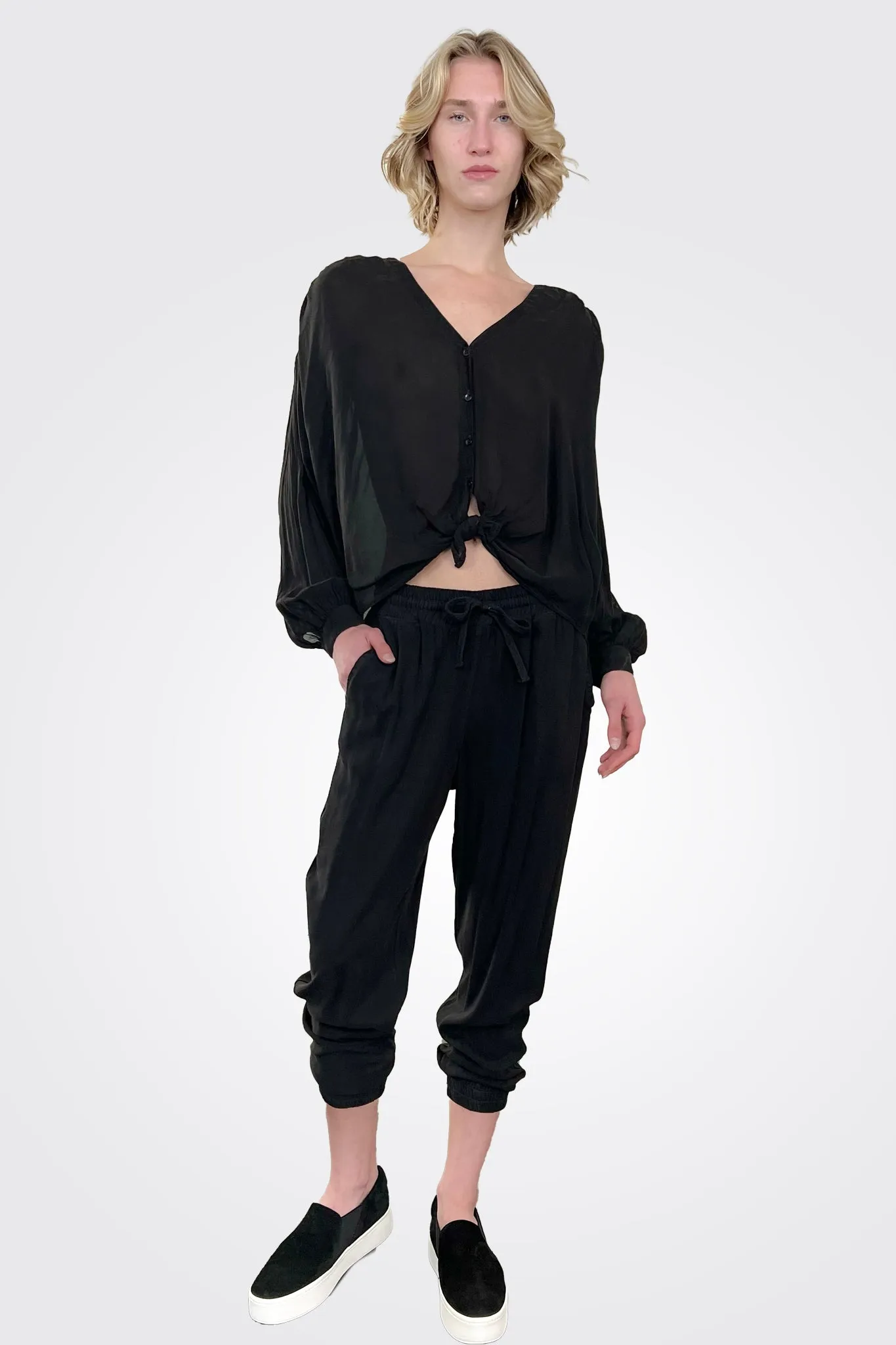 V Neck Tie Front Top - Black