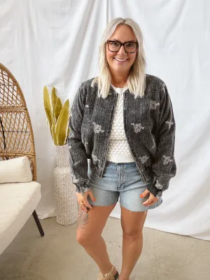 Washed Black Embroidery Bomber Jacket