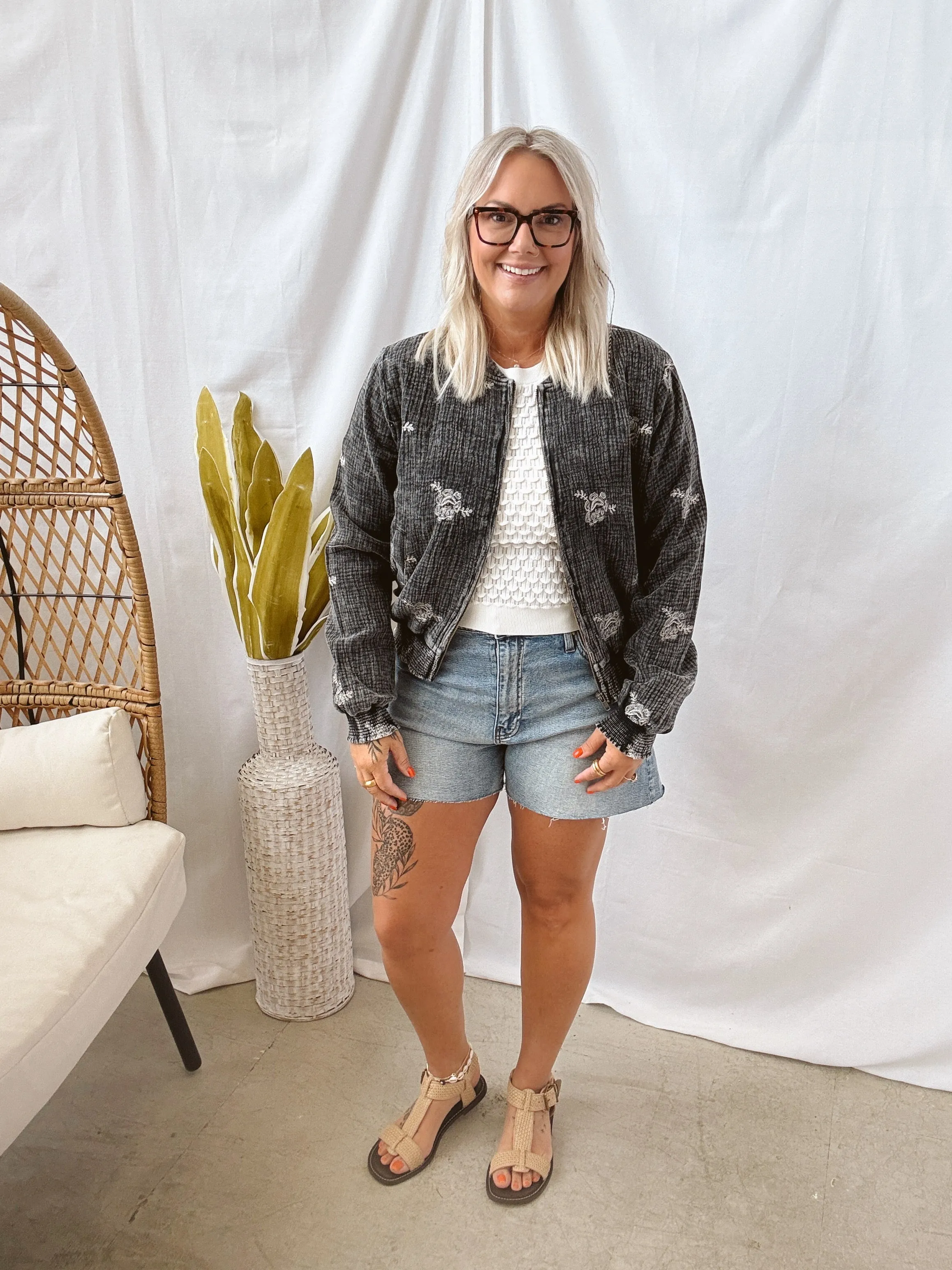 Washed Black Embroidery Bomber Jacket