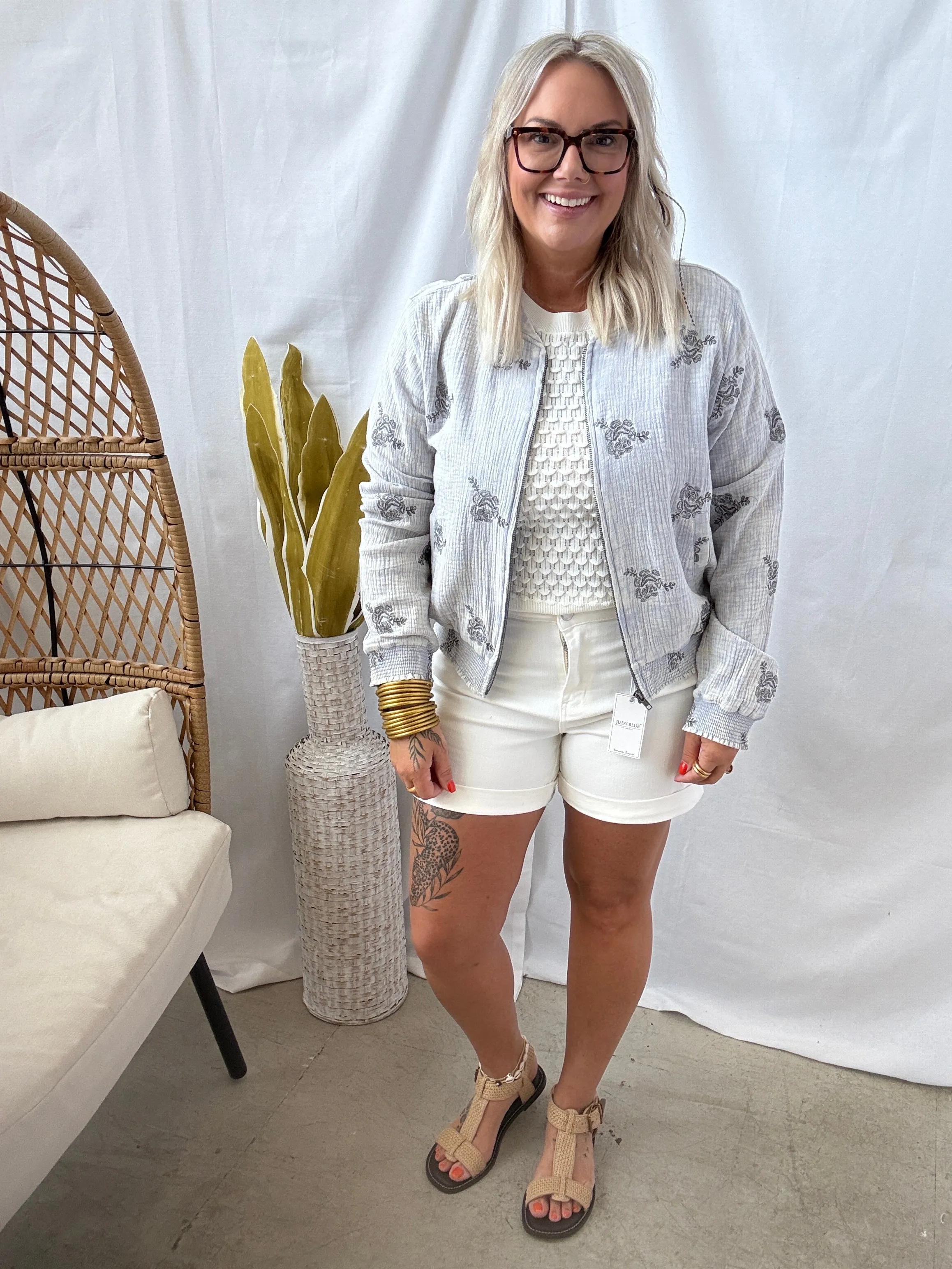 Washed Blue Embroidery Bomber Jacket