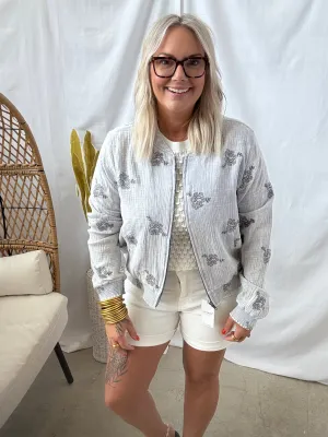 Washed Blue Embroidery Bomber Jacket